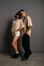 Erkek 24/1 Düz A Kalite Oversize T-shirt - Bej - Görsel 2