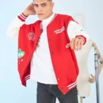 Erkek Kolları Yıldız Sırt Baskılı Oversize Kolej Ceket - Kırmızı