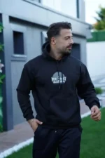 Erkek Sırt Baskılı Kapüşonlu Üç İplik Oversize Sweatshirt - Siyah - Görsel 4
