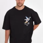 Erkek Melek Baskılı Oversize T-shirt - Siyah