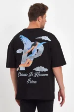 Erkek Melek Baskılı Oversize T-shirt - Siyah - Görsel 2