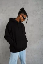 Erkek Düz Kapüşonlu Sweat - Siyah - Görsel 3