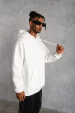 Erkek Düz Kapüşonlu Sweat - Beyaz - Görsel 2