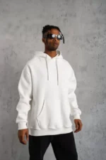 Erkek Düz Kapüşonlu Sweat - Beyaz - Görsel 3