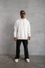 Erkek Düz Kapüşonlu Sweat - Beyaz - Görsel 4