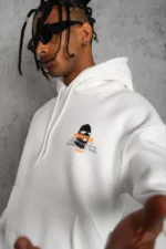Erkek Kordonlu Maske Baskılı Kapüşonlu Sweat - Beyaz - Görsel 2