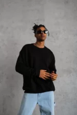 Erkek Düz Bisiklet Yaka Sweat - Siyah - Görsel 3