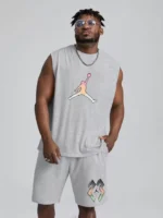 Erkek Sırt Baskılı Sıfır Kol İkili Şort Takım - Gri - Görsel 2