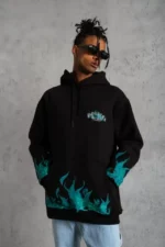 Erkek Üç İplik İçi Pamuklu Alev Baskılı Kapüşonlu Sweatshirt - Siyah - Görsel 2