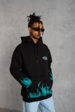 Erkek Üç İplik İçi Pamuklu Alev Baskılı Kapüşonlu Sweatshirt - Siyah - Görsel 3