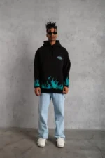 Erkek Üç İplik İçi Pamuklu Alev Baskılı Kapüşonlu Sweatshirt - Siyah - Görsel 4