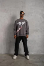 Erkek Güvercin Baskılı Sweatshirt - Gri - Görsel 2