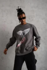 Erkek Güvercin Baskılı Sweatshirt - Gri - Görsel 3