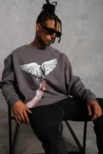 Erkek Güvercin Baskılı Sweatshirt - Gri - Görsel 4