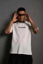 Erkek Bisiklet Yakalı Sırt Baskılı Oversize T-Shirt - Beyaz - Görsel 2