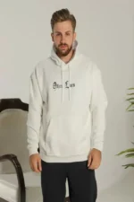 Erkek Sırt Baskılı Oversize Üç İplik Kapüşonlu Sweatshirt - Beyaz - Görsel 2