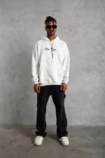 Erkek Sırt Baskılı Oversize Üç İplik Kapüşonlu Sweatshirt - Beyaz - Görsel 3