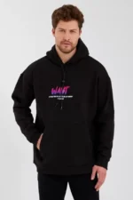 Erkek Baskılı Üç İplik Kapüşonlu Oversize Sweatshirt - Siyah - Görsel 2