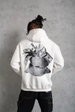 Erkek Kanguru Cep Baskılı Kapüşonlu Sweatshirt - Beyaz - Görsel 2