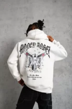 Erkek Kordon İpli Baskılı Kapüşonlu Sweatshirt - Beyaz - Görsel 2