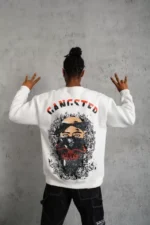 Erkek 3 İplik Gangster Baskılı Sweatshirt - Beyaz - Görsel 2