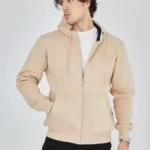 Erkek Kapüşonlu Düz Fermuarlı Hırka - Bej