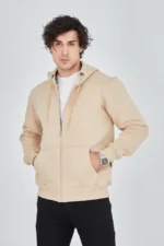 Erkek Kapüşonlu Düz Fermuarlı Hırka - Bej - Görsel 2