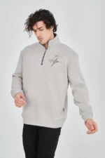 Erkek Yarım Fermuarlı Baskılı Sweat - Boyalı Gri - Görsel 3