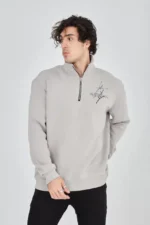 Erkek Yarım Fermuarlı Baskılı Sweat - Boyalı Gri - Görsel 4