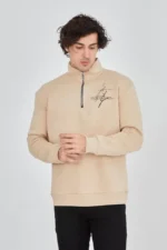 Erkek Yarım Fermuarlı Baskılı Sweat - Bej - Görsel 4