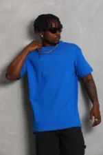 Unisex Oversize Düz Bisiklet Yaka T-Shirt - Mavi - Görsel 4