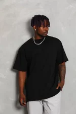 Unisex Oversize Düz Bisiklet Yaka T-Shirt - Siyah - Görsel 4