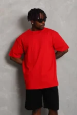 Unisex Oversize Düz Bisiklet Yaka T-Shirt - Kırmızı - Görsel 3