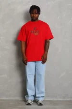 Unisex Oversize Baskılı Bisiklet Yaka T-Shirt - Kırmızı - Görsel 2