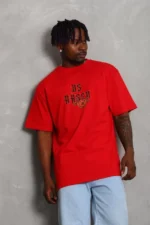 Unisex Oversize Baskılı Bisiklet Yaka T-Shirt - Kırmızı - Görsel 3