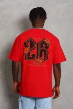 Unisex Oversize Baskılı Bisiklet Yaka T-Shirt - Kırmızı - Görsel 4