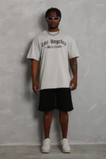 Unisex Oversize Baskılı Bisiklet Yaka T-Shirt - Gri - Görsel 4