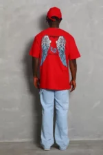 Unisex Oversize Baskılı Bisiklet Yaka T-Shirt - Kırmızı - Görsel 2