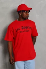 Unisex Oversize Baskılı Bisiklet Yaka T-Shirt - Kırmızı - Görsel 4