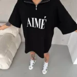 Unisex Yarım Fermuarlı Baskılı T-Shirt - Siyah