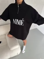 Unisex Yarım Fermuarlı Baskılı T-Shirt - Siyah - Görsel 2