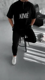 Unisex Yarım Fermuarlı Baskılı T-Shirt - Siyah - Görsel 3