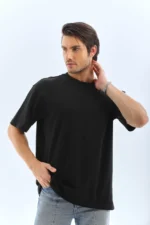 Unisex Oversize Düz Bisiklet Yaka T-Shirt - Siyah - Görsel 4