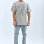 Unisex Oversize Taşlı Bisiklet Yaka T-Shirt - Gri