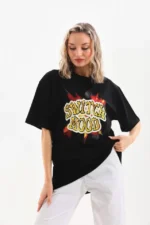 Unisex Baskılı Oversize T-Shirt - Siyah - Görsel 2