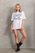 Unisex Baskılı Oversize T-Shirt - Beyaz - Görsel 4