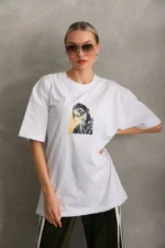 Unisex Baskılı Oversize T-Shirt - Beyaz - Görsel 2