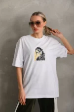 Unisex Baskılı Oversize T-Shirt - Beyaz - Görsel 4