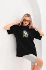 Unisex Baskılı Oversize T-Shirt - Siyah - Görsel 4