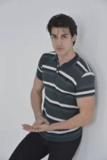 Erkek Yakalı Slim Fit Dokuma Çizgili T-Shirt - Haki - Görsel 3